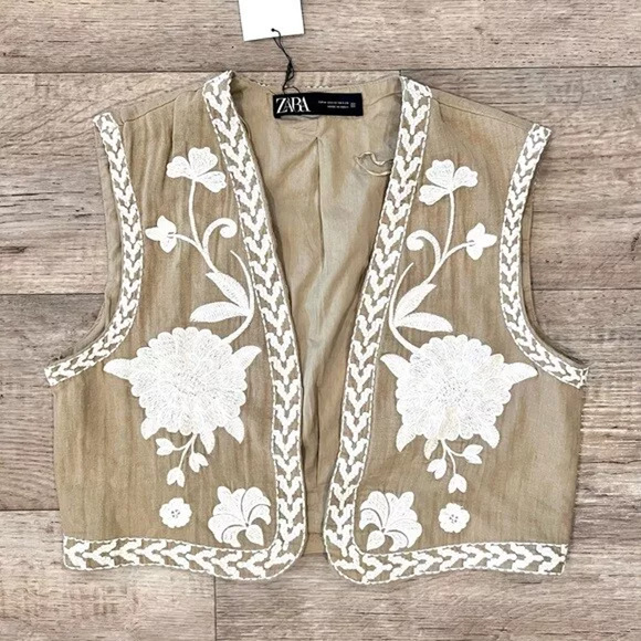 ZARA Embroidered Vest NWT | Khaki Open-Front Waistcoat Boho Chic M/L - Picture 15 of 16